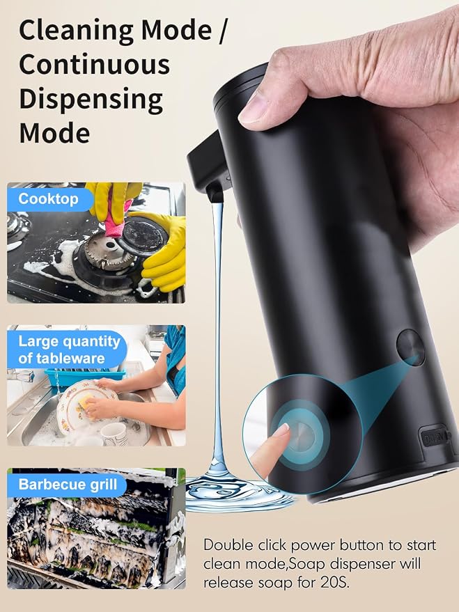 Automatic Liquid Soap Dispenser Touchless: Liquid Hand Soap Dispenser Stainless Steel - Free Touch Electric Soap Dispenser Rechargeable with Sensor for Bathroom, Commercial (Black)