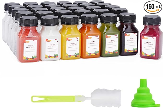 OBKJJ Plastic Juice Bottles 150 pcs 4 oz Empty Plastic Water Bottles with Caps Reusable Clear Beverage Containers for Drinking, Juicing, Smoothie, Water with 2 Brushes, 2 Funnels, 160 Stickers (4 OZ)