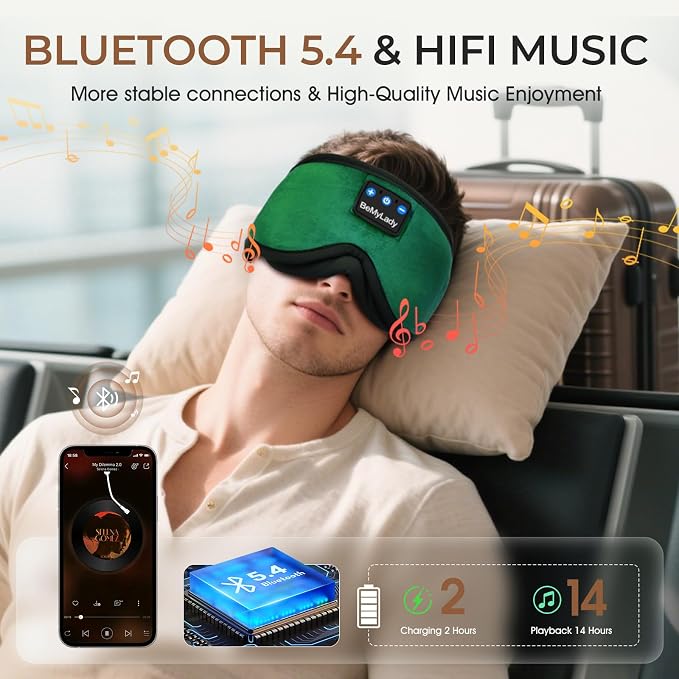 Sleep mask Headphones,100% Blackout 3D Zero Eye Pressure Bluetooth Sleep mask Breathable Eye mask with Bluetooth Headphones Sleep Headphones for Side Sleepers, 14H Playtime&Bluetooth 5.4 Green