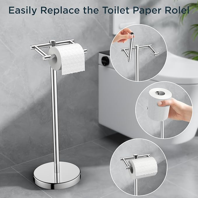 FORIOUS Toilet Paper Holder Wall Mount, Stainless Steel Rustproof Double Post Pivoting Tissue Roll Holder for Bathroom, Commercial Toilet Paper Dispenser Freestanding Toilet Paper Stand, Chrome