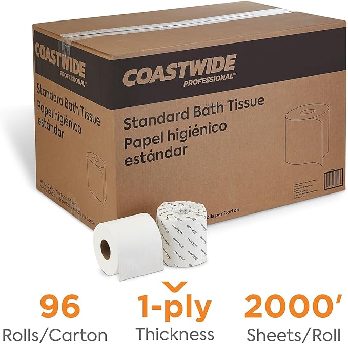 Staples Coastwide Toilet Paper - 1 - Ply, White, Unscented, 96 Rolls/Case, 1,000 Sheets/Roll, Septic Safe, Durable and absorbent