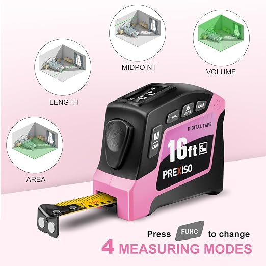 PREXISO 2-in-1 Digital Tape Measure - 16Ft Pink Digital Measuring Tape Rechargeable, Ft/Ft+in/in/M/CM/MM Unit - Metric & Inches Retractable Electronic Tape Measure Auto Lock, Pythagorean, Area, Volume