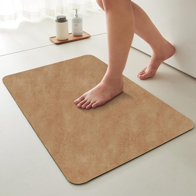 TYUU Bathroom Mat Quick Dry, Bathroom Rugs Non Slip Washable Thin Absorbent Bath Mat Fits Under Door Bathroom Floor Mat Perfect for Bath, Shower, or Sink 16"x24" Camel