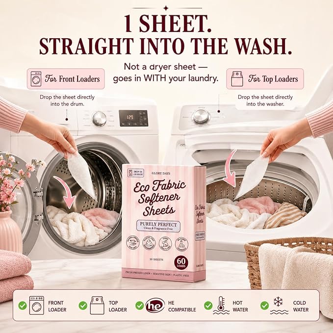 Glory Days Fabric Softener Sheets for Washer — Replaces Liquid Softener, Hypoallergenic, Fragrance Free, Sensitive Skin Safe, Plastic-Free, 60 Loads