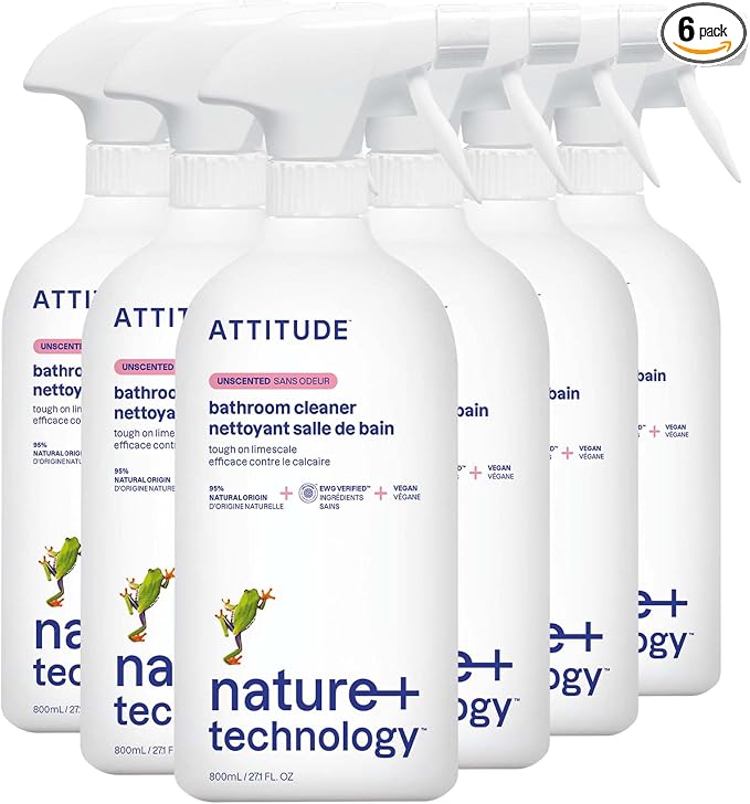 ATTITUDE Bathroom Cleaner Spray, EWG Verified, Plant-Based & Vegan, Safe for Bathroom Surfaces, Tiles, Tubs, Shower Walls, and Grout, Unscented, 27.1 Fl Oz (Pack of 6)