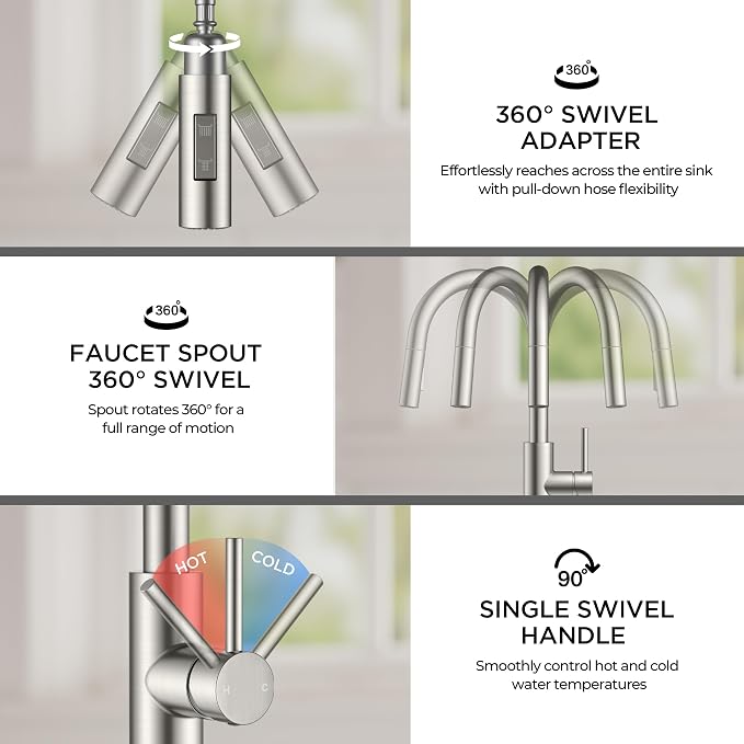 FORIOUS Kitchen Faucet with Pull Down Sprayer, Classic Brushed Nickel, Single Handle High Arc Stainless Steel Kitchen Sink Faucet, 1 or 3 Hole Deck Mount for RV, Bar, Farmhouse, Laundry, Outdoor