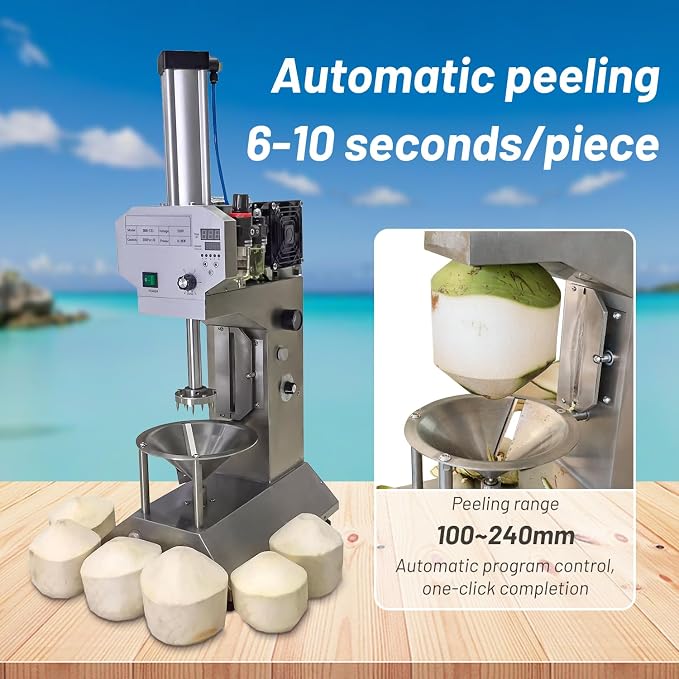 Automatic Coconut Shelling Trimming Machine with Integrated Coconut Opener High Capacity 1 PCS/6-10s Peeler Coconut Cutter Tool for Efficient Skin Removal & Top Trimming, 800W,Need to Connect Air Pump