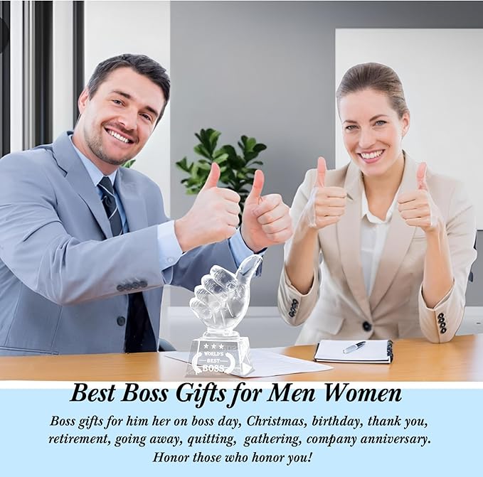 Movdyka World's Best Boss Gifts for Women Men - Crystal Keepsakes Thumbs Up Shape Plaque Great Bosses Day Gift for Office Going Away, Thank You, Farewell & Retirement, Decor