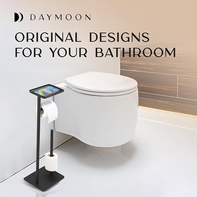 Day Moon™ - Toilet Paper Holder - Modern Roll Holder for Bathroom - 1 Pack - Free Standing - with Shelf, Black