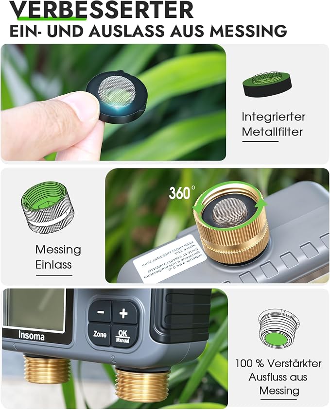 Insoma 2-Zone Sprinkler Timer Brass Inlet/Outlet, Water Hose Timer with Auto/Manual Modes + Rain Delay | Big LCD Dispay | Hose Timers for Garden, Yard Lawn, IPX5 Waterproof & Save Water
