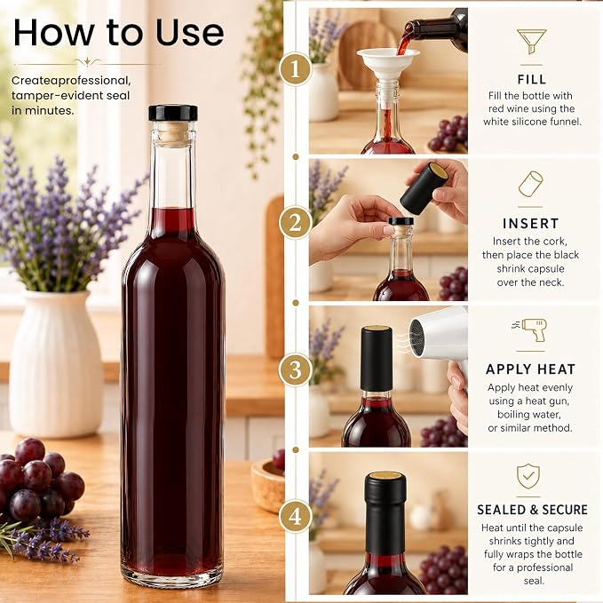 TBWIND 12 Pack 16oz Clear Glass Wine Bottles, 500ml Liquor Bottles with T-Top Corks & Shrink Capsules for Limoncello, Mead, Kombucha & Vanilla Extract, Includes Funnels & Brush