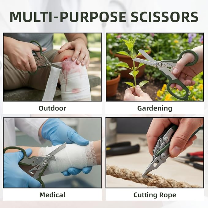 Heavy Duty 6 in 1 Multifunctional Trauma Shears Foldable | Stainless Steel emergency response scissors | Survival Shears with Holster | Medical Trauma shears Tactical With Strap Cutter | Green