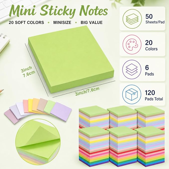 Fainne 120 Pack Sticky Notes Bulk 3 x 3 inch Self Stick Note Pads Multicolor Paper Memo for Office School Supplies Student Teacher Classroom Back to School Essentials, 50 Sheet/Pad (Mix Color)