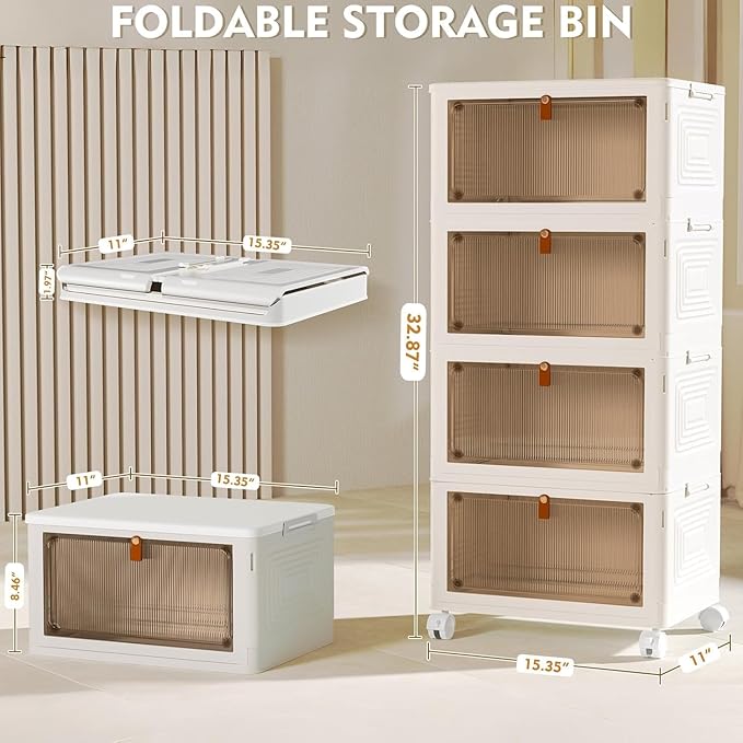 YFXCVSL 4 Tier Plastic Storage Bins with Lid 23QT, Stackable Storage Containers with Wheels, Folding Storage Boxes, Stackable Storage Bins, Organizers and Storage for Living Room,Office,Dorm