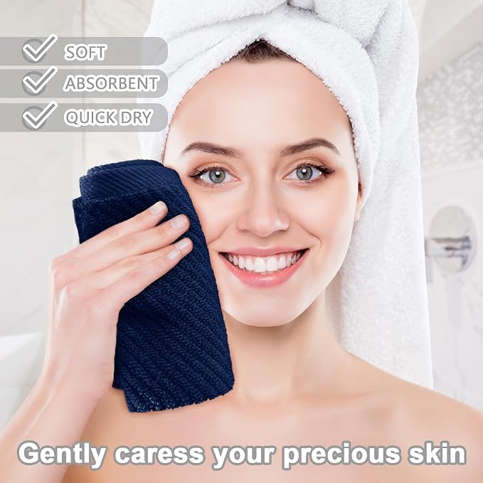 VOOVA & MOVAS Wash Cloths 6PC, 100% Cotton, 13x13 in, Navy Blue | Thick, Quick Dry, Soft, Absorbent, Wash Cloths For Bathroom & Showering, Towel Gift Set