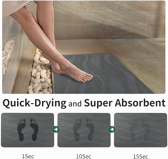XMarrat Large Stone Bath Mat, 31.5'' x 19.7'' Super Absorbent Diatomaceous Earth Bath Mat Large, Quick Drying Non-Slip Diatomite Stone Bath Mats for Bathroom, Easy to Clean (Dark Gray)