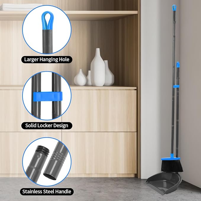 REEWII Broom and Dustpan Set ，Long Handle Broom with Upright Standing Dust pan for Indoor Outdoor Home Kitchen Office Floor Cleaning