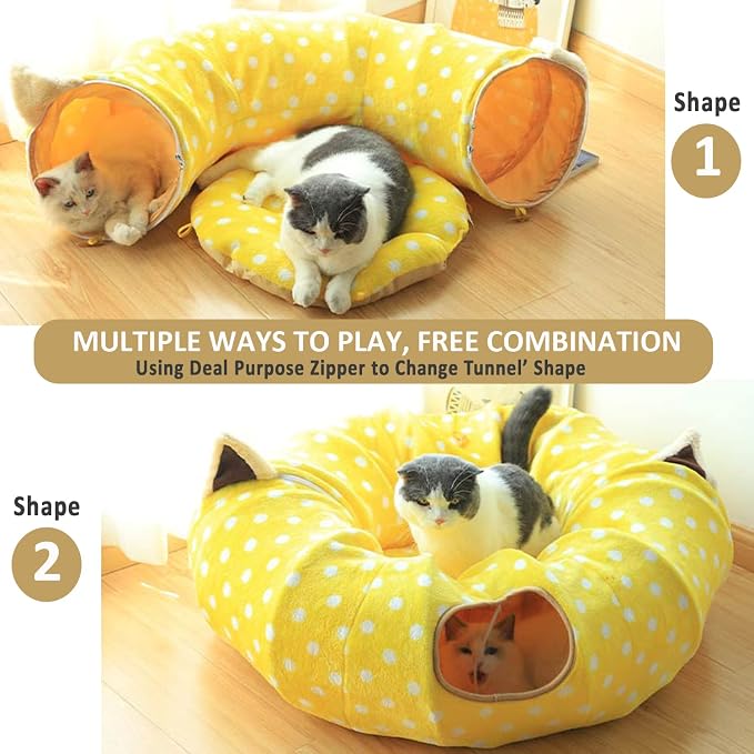 AUOON Cat Donut Tunnel with Bed for Kitten Puppy Rabbit Ferret, Yellow | 2-in-1 Interactive Cat Toy, with Hanging Ball Toy, Machine Washable Center Pad, 36"L x 36"W x 10.7"H