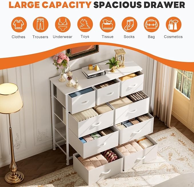 Sweetcrispy 9-Drawer Fabric Dresser Storage Tower with Wood Top and Steel Frame, Organizer Chest with Easy Pull Handles for Bedroom, Closet, Hallway,Pure White
