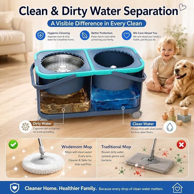 2026 Upgraded Gen 2 Spin Mop and Bucket Set with 4 Swivel Wheels for Easy Rolling, Separates Clean & Dirty Water, Floor Mop with 6 Washable Mop Heads for Wood, Tile, Vinyl, Baseboards - Grey/Blue