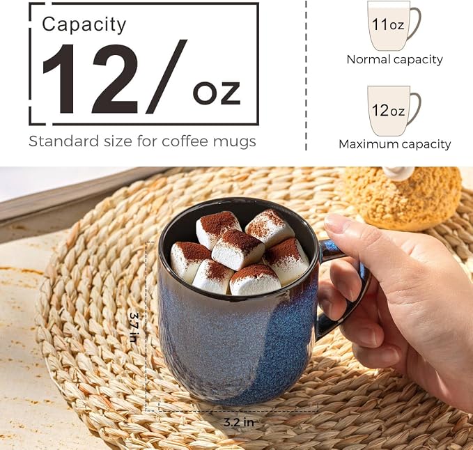 LERATIO Ceramic Coffee Mugs Set of 6,12oz Handmade Coffee Mugs Set | Large Handle for Cappuccino/Latte/Tea/Hot Cocoa,Oven &Dishwasher & Microwave Safe-Blue