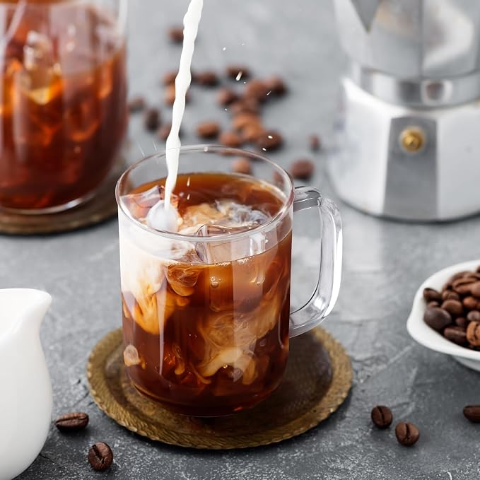 Glass Coffee Mugs, 12 oz iced coffee cups, Clear Tea Cups Set of 6, Glass Mugs with Handles, Glass Cups for Latte, Cappuccino, and Tea