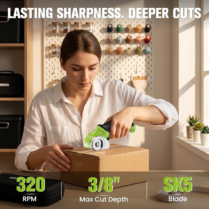 Goodjob 4V Cordless Electric Scissors Box Cutter | Rechargeable Cutting Tool with 4 SK5 Blades for Cardboard Fabric Leather Carpet Upholstery 2000mAh Battery Safety Lock