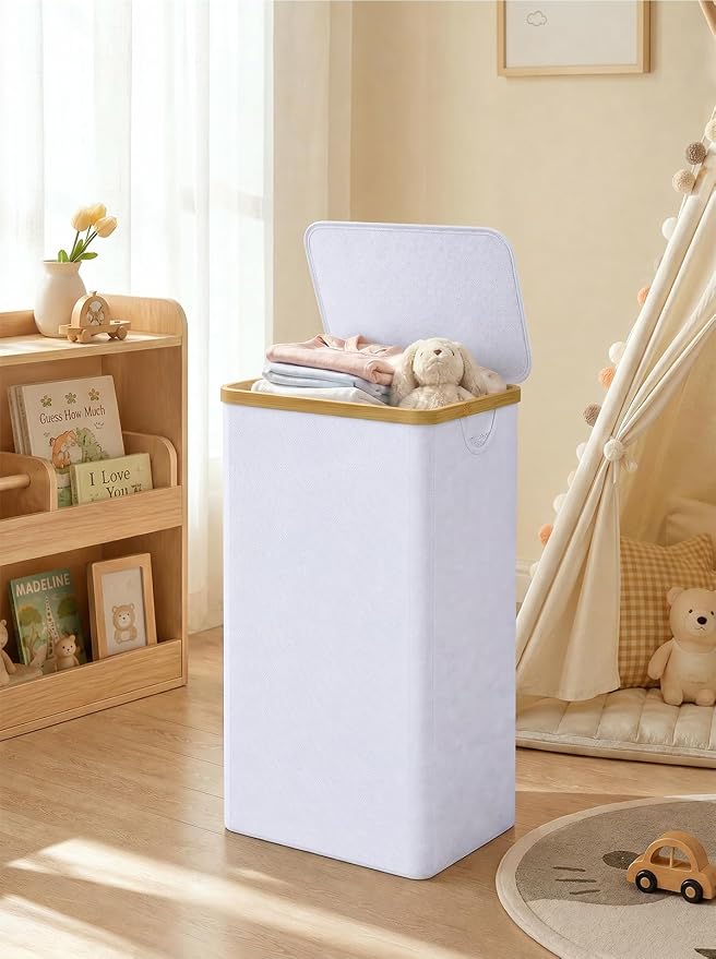 iEGrow 110L Laundry Hamper with Lid，Dirty Clothes Hampers for Laundry,Laundry Basket with Bamboo Handles and Removable Bag,Hamper for Bedroom, Bathroom, Dorm, Laundry Room, White