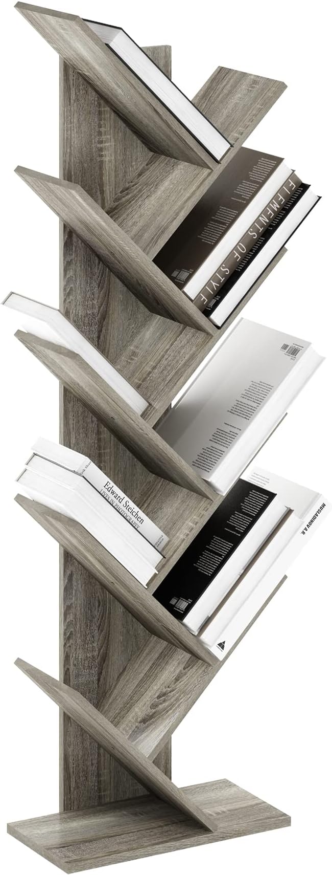 Furinno TREE Book Shelf, 9-Tier Bookshelf, Tree Bookcase with Angled Open Shelf, 8.4 x 15.7 x 50.9, Corner Shelf for Room Decor, for Living Room, Bedroom, Home Office, French Oak