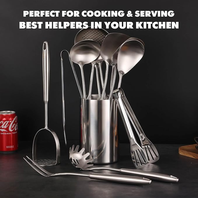 18/10 Stainless Steel Kitchen Utensils Set - 12 PCS All Metal Cooking Tools | 15″ Cooking Utensils - Potato Masher, Meat Fork, Tongs, Turner, Pasta, Serving Spoon, Skimmer, Ladle, Spatula Spoon Set