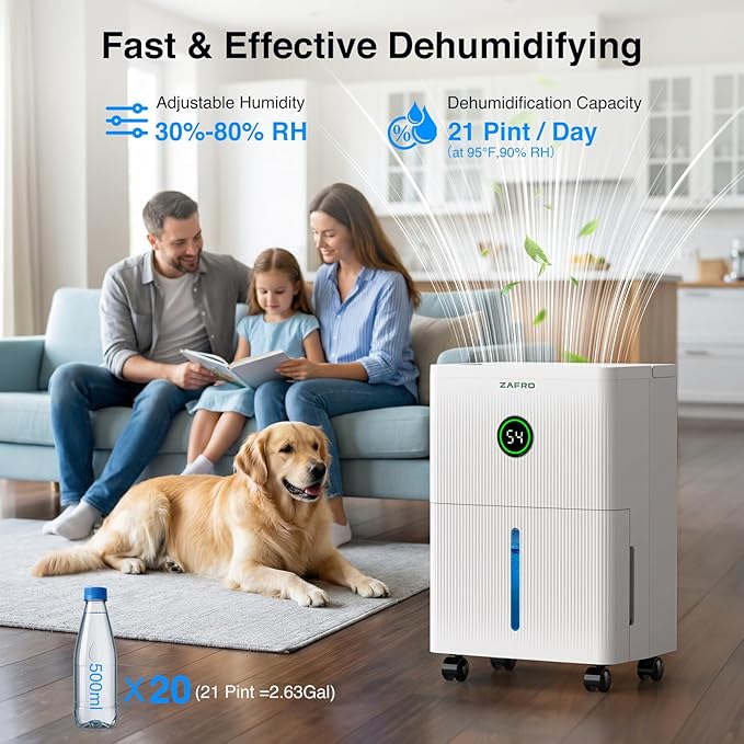 ZAFRO 1600 Sq.Ft Dehumidifiers for Home and Basement with Drain Hose, Ultra Quiet 41dB, Energy Saving Max 21 Pints Dehumidifier with Auto or Manual Drainage, Auto Defrost, Three Modes, Dry Clothes