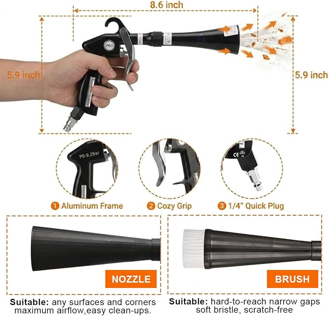 Tornado Car Cleaning Gun with 2 Set Nozzle, Air Blower Gun for Car Detailing with Brush, High Pressure Dry Cleaning Gun Quickly Blasts Dust & Dirt Works with Air Compressor
