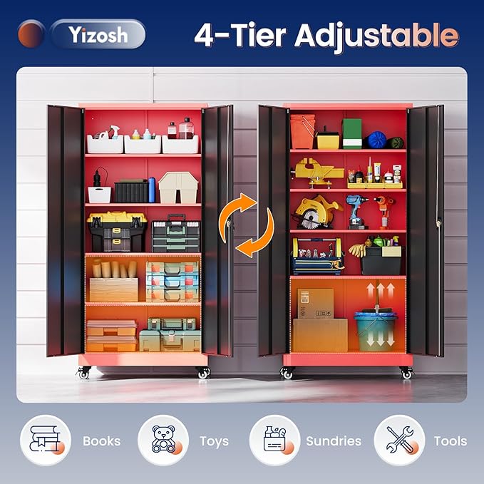 Metal Garage Storage Cabinet with Locking Doors and Adjustable Shelves,- 75" Rolling Steel Tool Cabinet for Home Office,Garage,Warehouse