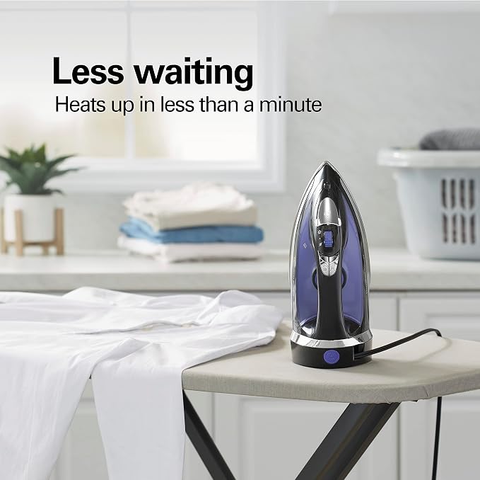 Hamilton Beach Steam Iron for Clothes With Versatile Steam Options | Durable Smooth Press Stainless Steel Soleplate | 1200 Watts, Heat-Up In Under 1 Minute | 8’ Retractable Cord | Black | 14214