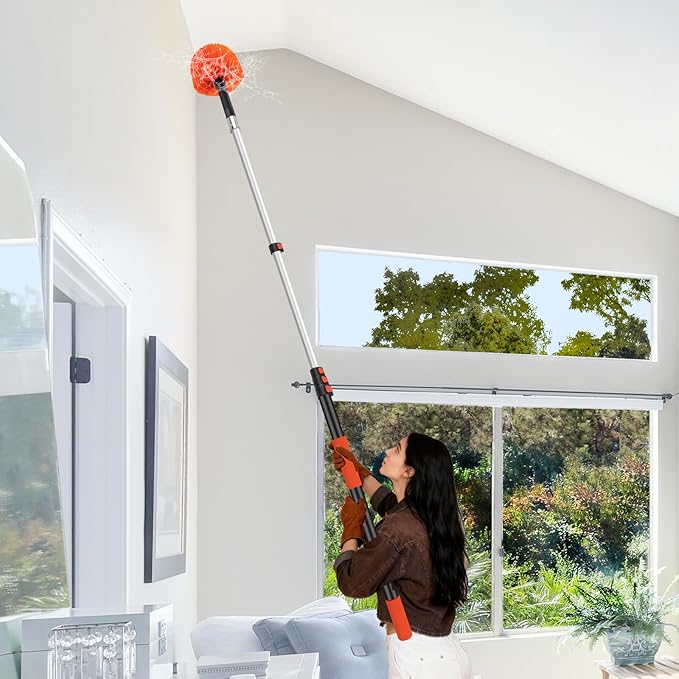 26FT Reach Cobweb Duster with Extension Pole - Spider Web Brush with 5-20 FT Telescopic Aluminum Pole, Washable & Reusable Soft Bristles for Cleaning High Ceiling Corner, Indoor, Outdoor