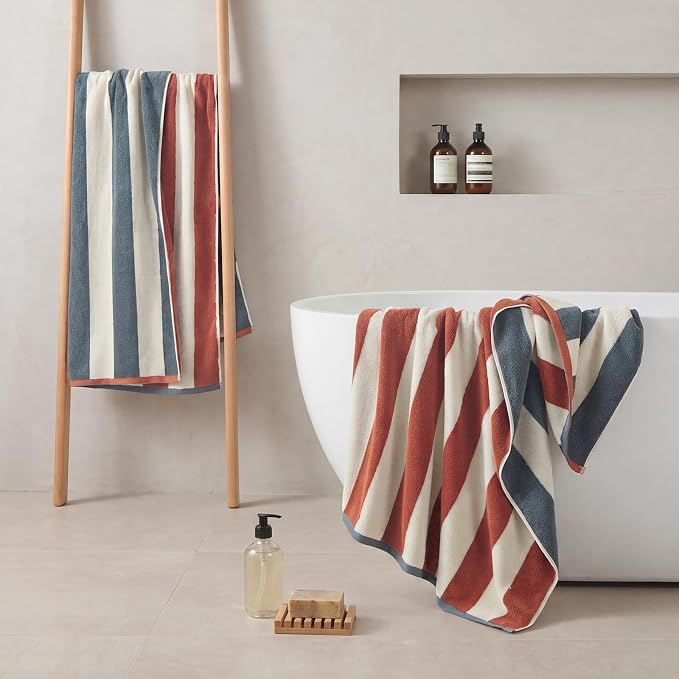 REDKISS 2 Pack Extra Large Striped Bath Towels, 31 x 63 Inches, 100% Cotton, Larger & Quicker to Dry, Super Soft and Highly Absorbent Towel, Perfect for Bathroom, Terracotta