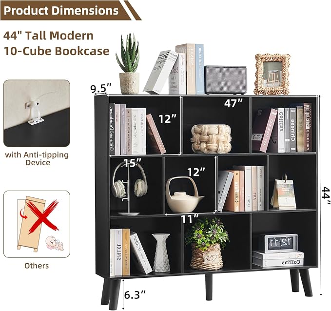 LEYAOYAO 8 Cube Bookshelf, Mid-Century Modern Book Shelf with Legs, Black | 3 Tier Bookcase, Rustic Wood Bookshelves Freestanding Large Storage Organizer, Open Shelves for Bedroom, Living Room, Office