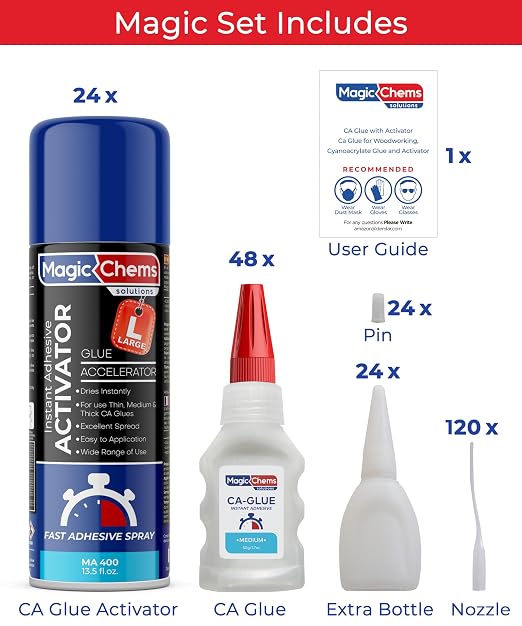 CA Glue with Activator (48 x 1.7 oz + 24 x 13.5 fl oz Activator), Cyanoacrylate Adhesive for 3D Printing & Acrylic, Strong Bond Super Glue Accelerator Set (24 Pack)