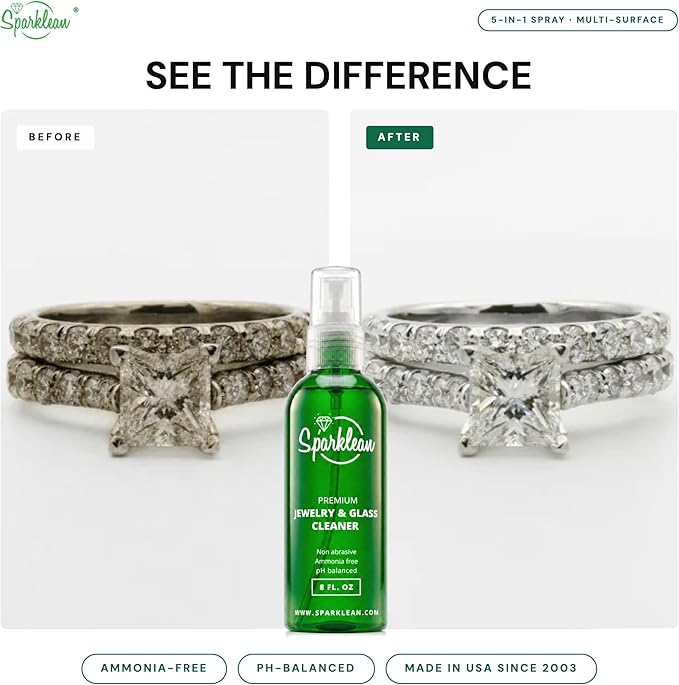SPARKLEAN Jewelry Cleaner Spray 8oz · Everyday Home + Ultrasonic-Compatible · Safe on Gold, Silver, Diamond, Pearl · Anti-Fog Eyeglass + Lens Spray · Ammonia-Free pH-Balanced · Made in USA Since 2003