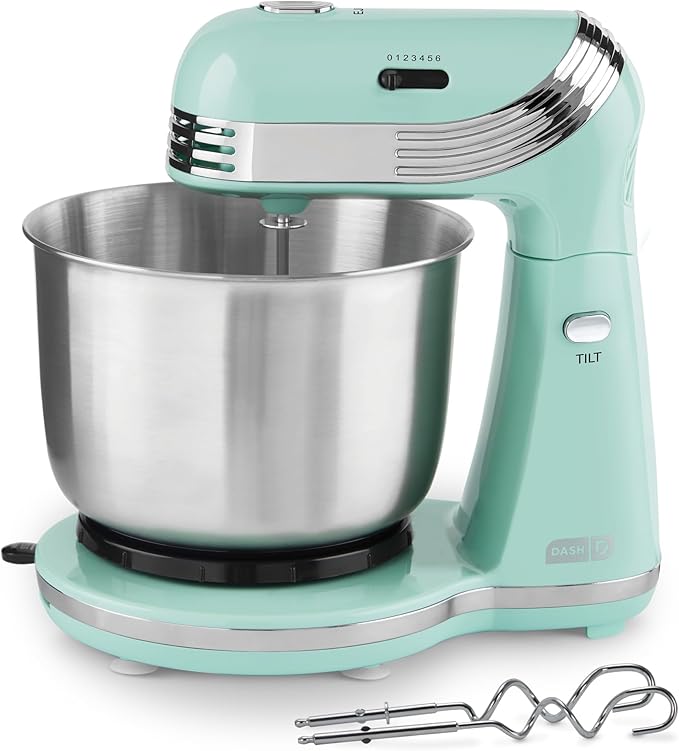 Dash Everyday Stand Mixer - Compact Tilt-Head Stand Mixer for Everyday Recipes - 6-Speed Power with Stainless Steel Bowl - Aqua, 3-Quart