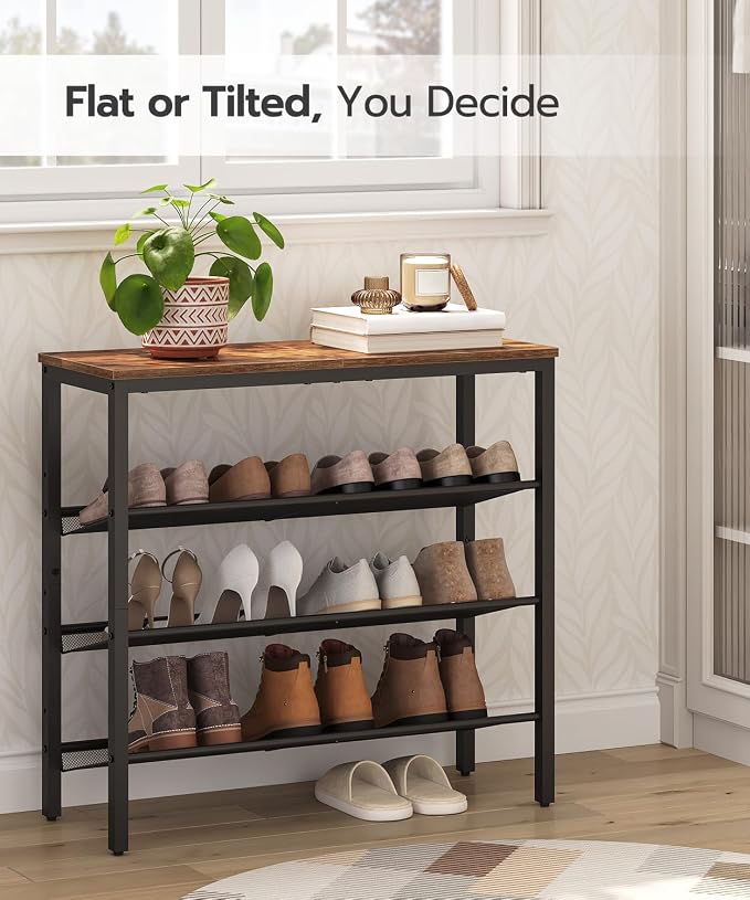 HOOBRO Shoe Rack for Entryway, 4-Tier Shoe Organizer with Adjustable Mesh Shelves, 12-16 Pairs of Shoes, Spacious Floor Mount, Metal, Industrial, Shoe Shelf for Closet, Rustic Brown BF42XJ01