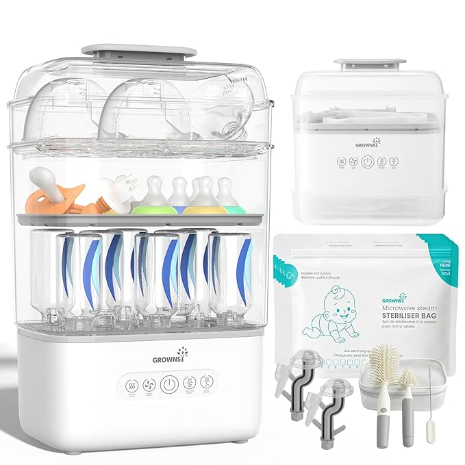 Grownsy 3 Layers-Large Bottle Sterilizer and Dryer, Holds 6 to10 Bottles, Nesting Design Bottle Sanitizer Esterilizador de Biberones for Breast Pump Sterilizer Bags Bottle Brush Included