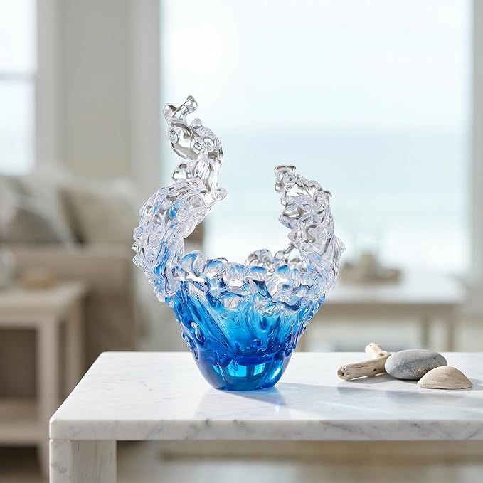 suruim Hand Blown Glass Wave Sculpture Figurines Blue and Clear Art Glass Bowl for Home Decor, Sea Glass Figurine, Nautical Sea Glass Decorations, Multipurpose Storage for Keys, Jewelry, Candy