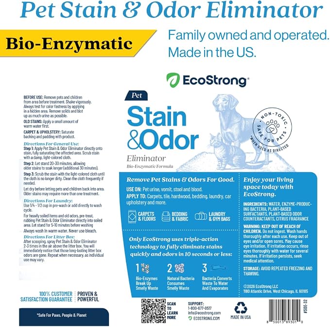 Eco Strong Pet Stain and Odor Remover - Cat Urine Enzyme Cleaner Destroyer, Urine Destroyer for Dogs, Pet Urine Enzyme Cleaner - 32 OZ