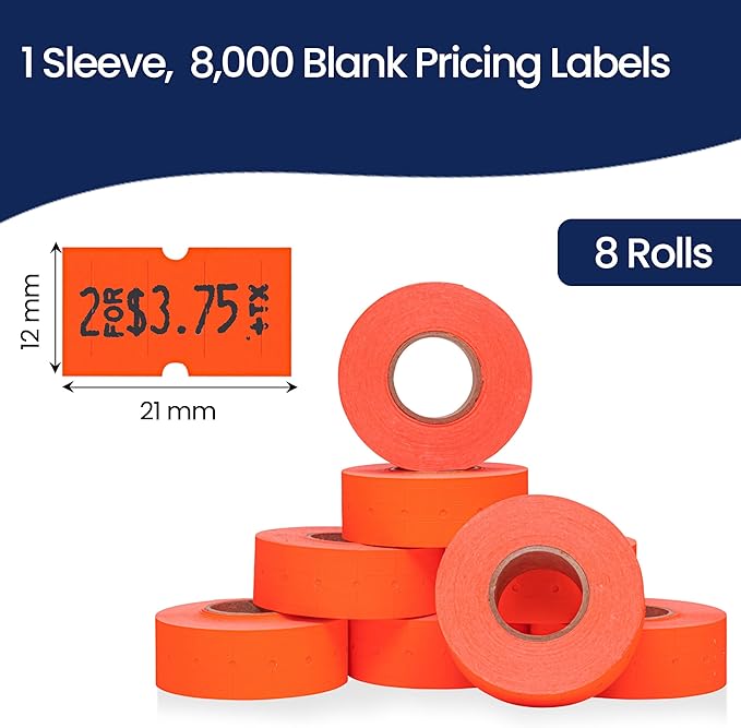 Perco 1 Line Fluorescent Red Labels - 8,000 Blank Price and Date Gun Labels for Perco Lite, X, Plus and Pro 1 Line Price and Date Guns- 8 Rolls, 1 Sleeve - Made in USA