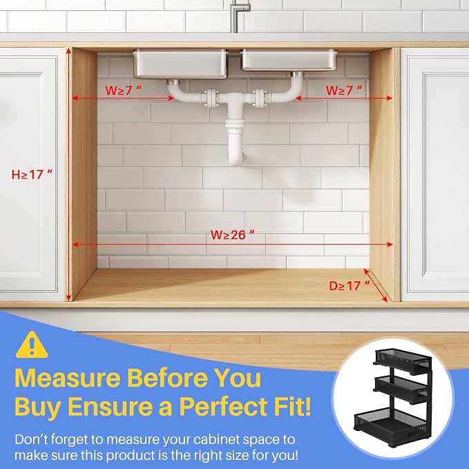 Under Sink Organizer, 2-Pack 3-Tier Thickened Metal Pull out Cabinet Organizer Shelf, Height Adjustable Slide out Storage Drawer Rack for Kitchen Bathroom Pantry Laundry Home Office Organization