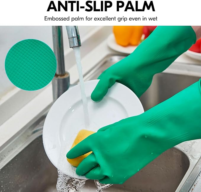 Vgo... 10-Pairs Reusable Household Gloves, Rubber Dishwashing gloves, Extra Thickness, Long Sleeves, Kitchen Cleaning, Working, Painting, Gardening, Pet Care (Size L, Green, HH4601)