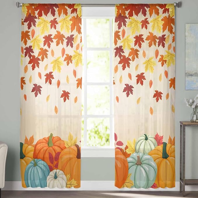 Thanksgiving Fall Chiffon Semi-Sheer Curtain 63 Inch,Autumn Pumpkins Maple Leaves Rod Pocket Voile Window Curtain Panels,Orange Watercolor Tulle Curtains Drape for Living Room/Sliding Door, 104"x63"