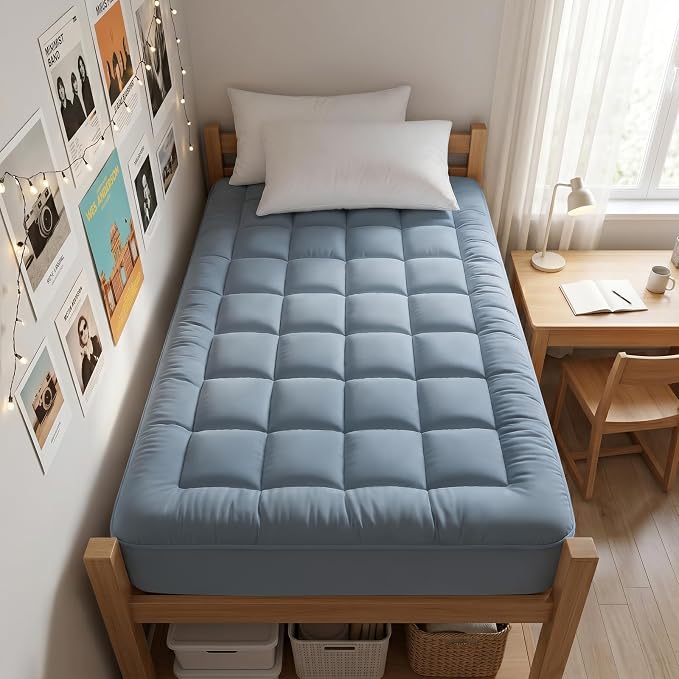 EASELAND Twin XL Mattress Pad Cotton Pillow Top Mattress Topper for Dorm | College Dorm Mattress Cover Cooling 8-21" Deep Pocket 39x80 Inches Dusty Blue,Boxing Quilted & Machine Washable