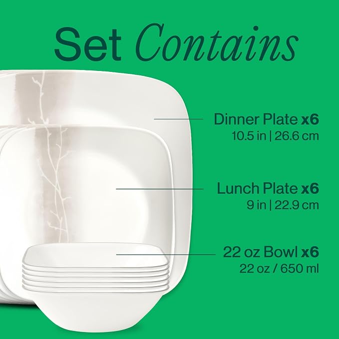 Corelle Vitrelle 18 Piece Glass Dinnerware Sets Rectangular Square Plate and Bowl Set Service for 6, Triple Layer Chip & Crack Resistant Glass Plate and Bowl Sets, Wandering Grove